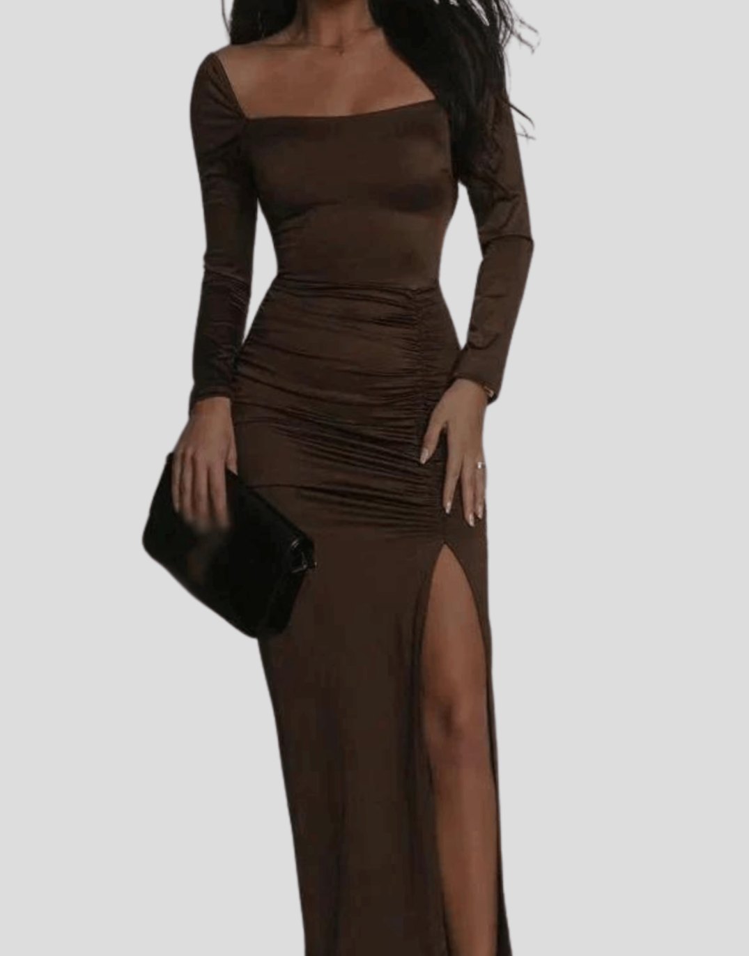 Women's Elegant Ruched Long-Sleeve Square-Neck Midi Dress Slit - Coffee