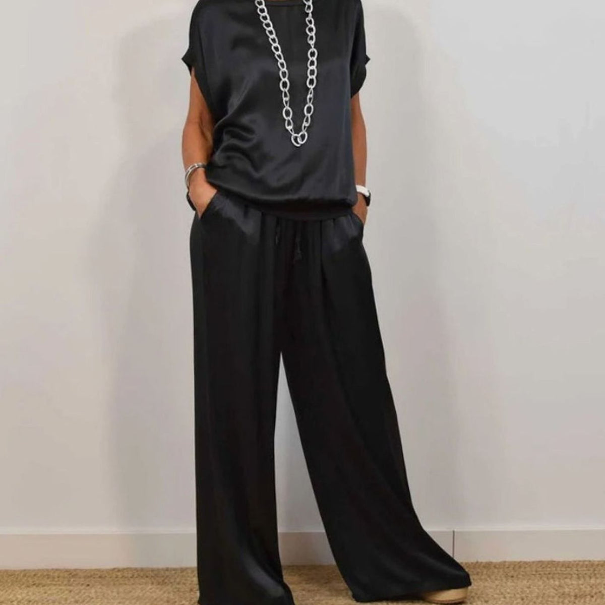 Women's Elegant Two-Piece Sets Satin Wide-Leg Trousers Cap-Sleeve Top Co-Ord - Black