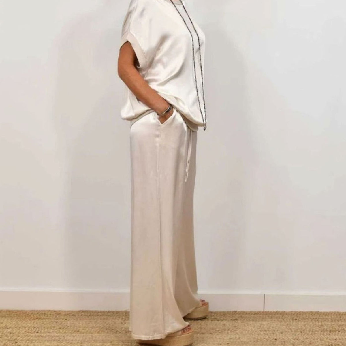 Women's Elegant Two-Piece Sets Satin Wide-Leg Trousers Cap-Sleeve Top Co-Ord