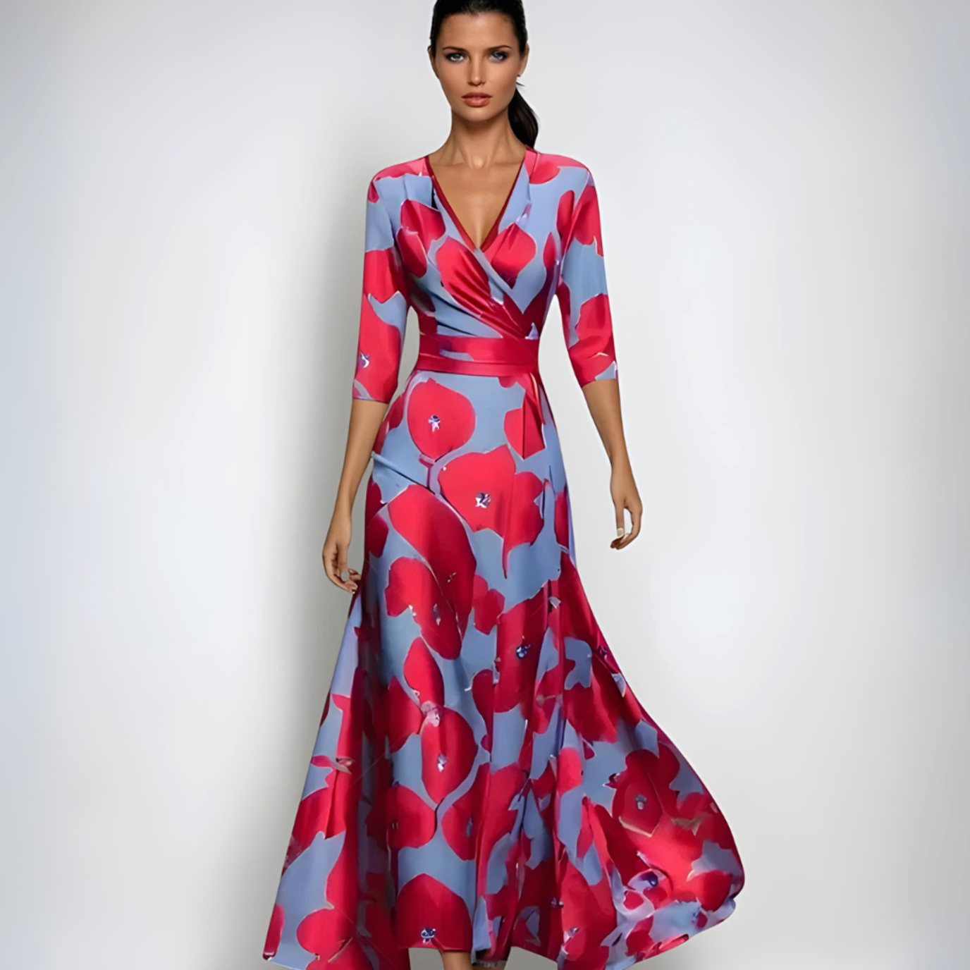 Women's Elegant V-Neck Wrap Floral Dress Three-Quarter Sleeve Maxi