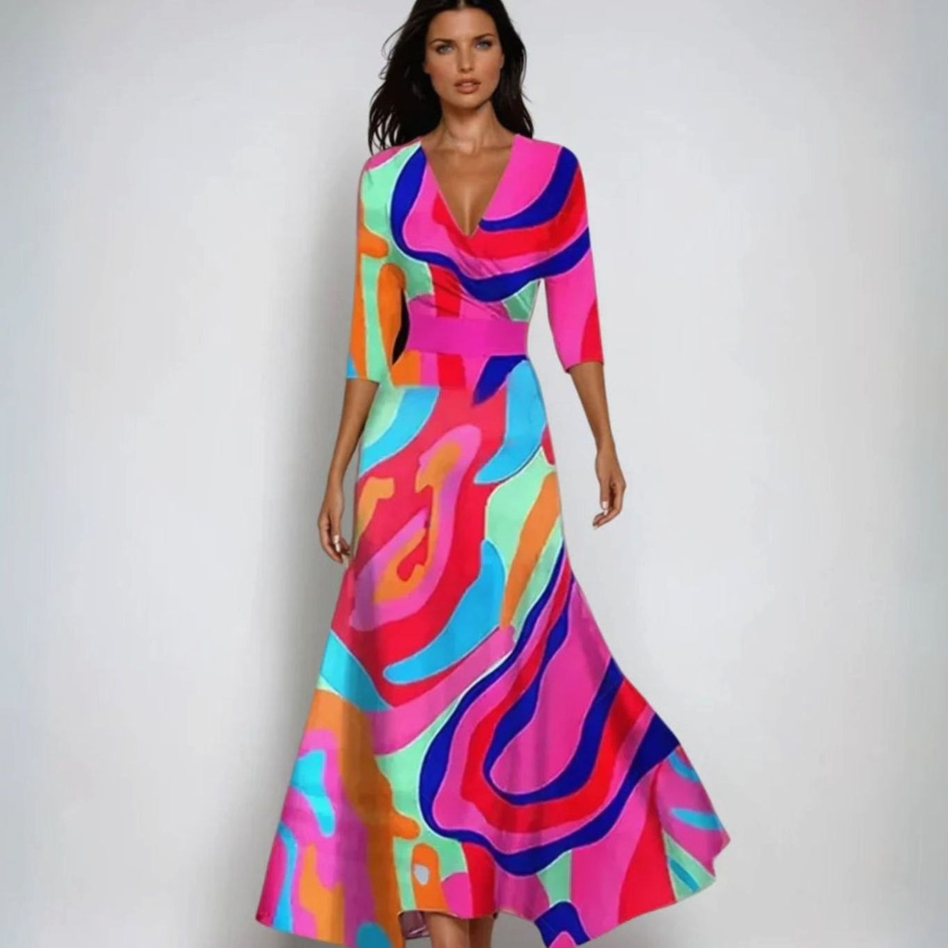 Women's Elegant V-Neck Wrap Floral Dress Three-Quarter Sleeve Maxi