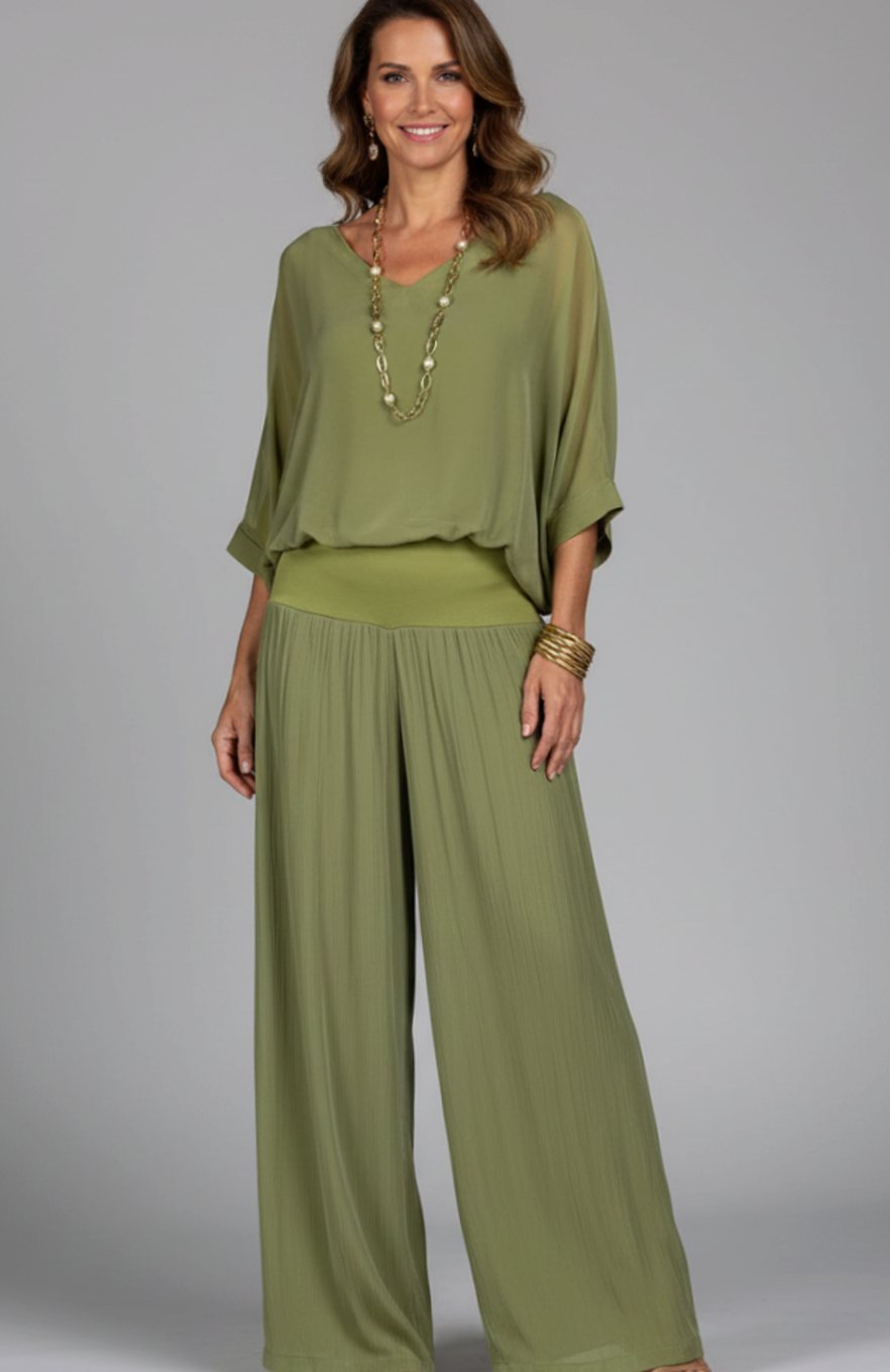 Women's Elegant Wide-Leg Two-Piece Blouson Top Trouser Set - Green