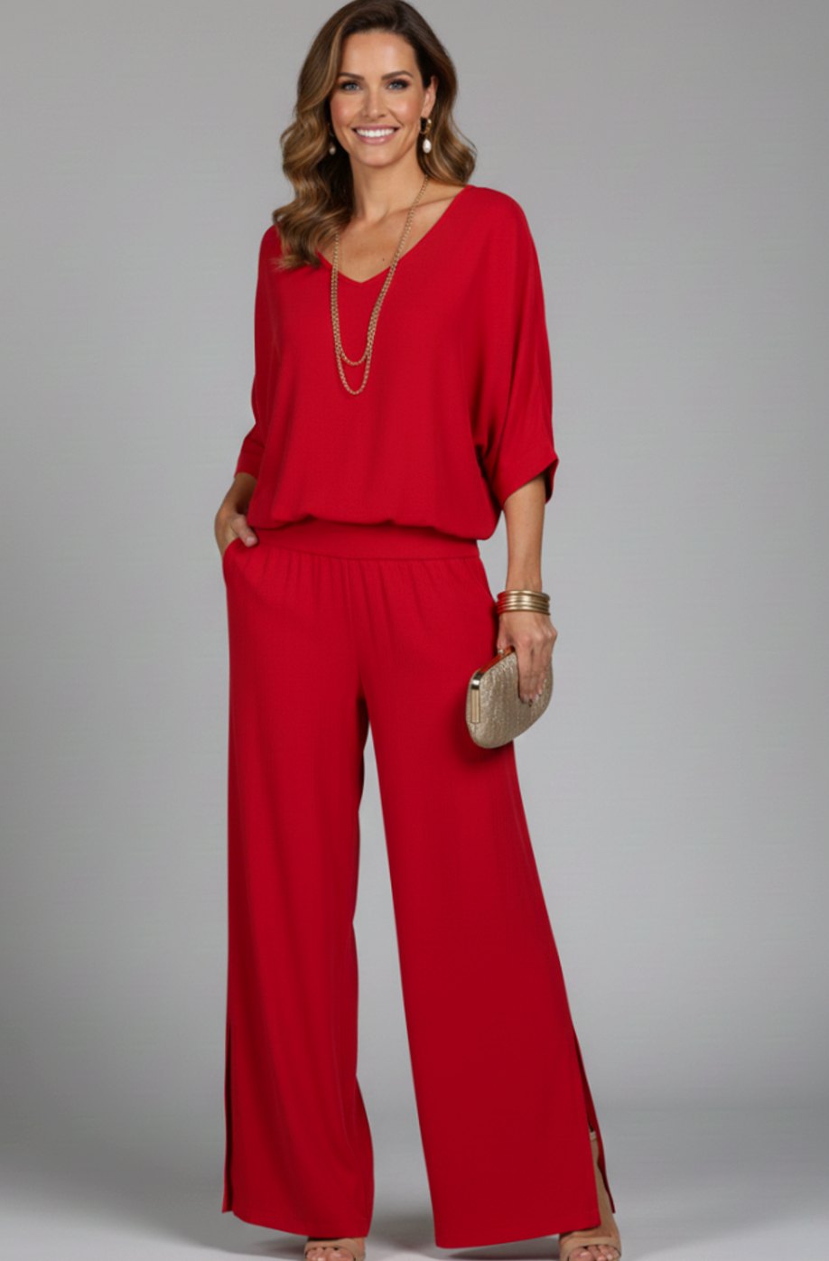 Women's Elegant Wide-Leg Two-Piece Blouson Top Trouser Set - Red