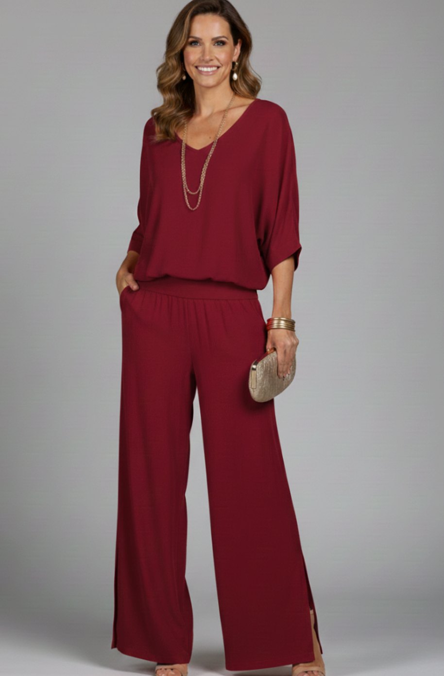Women's Elegant Wide-Leg Two-Piece Blouson Top Trouser Set - Wine Red