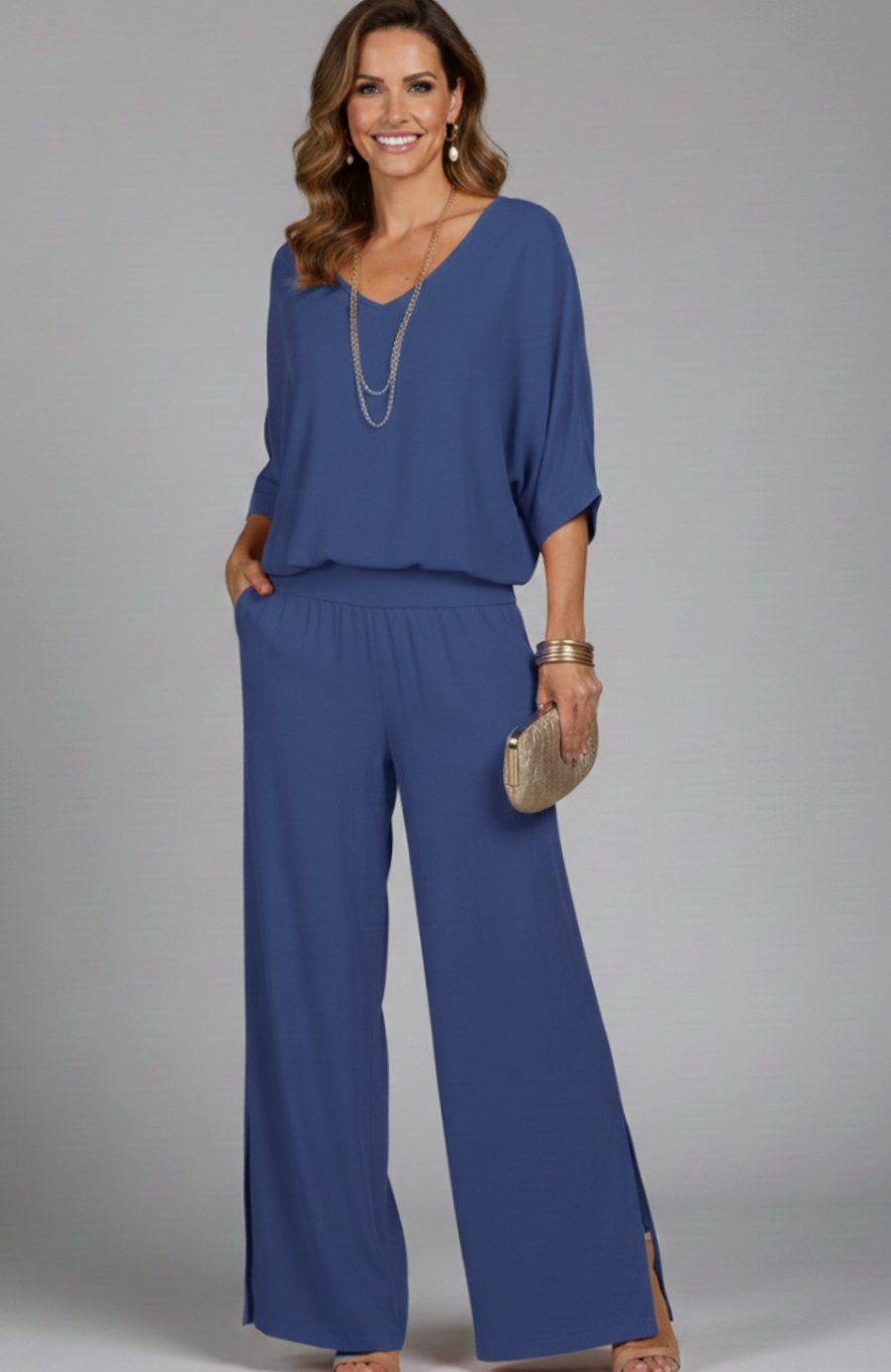 Women's Elegant Wide-Leg Two-Piece Blouson Top Trouser Set - Blue