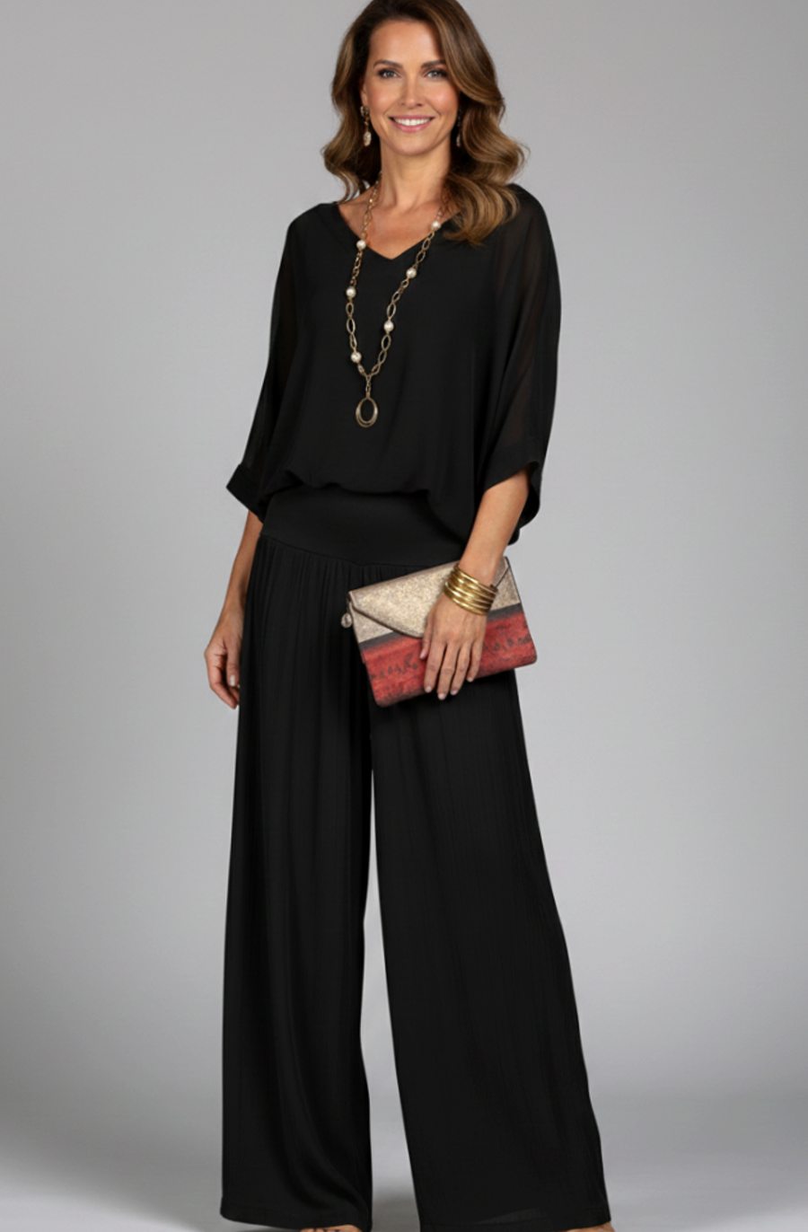 Women's Elegant Wide-Leg Two-Piece Blouson Top Trouser Set - Black