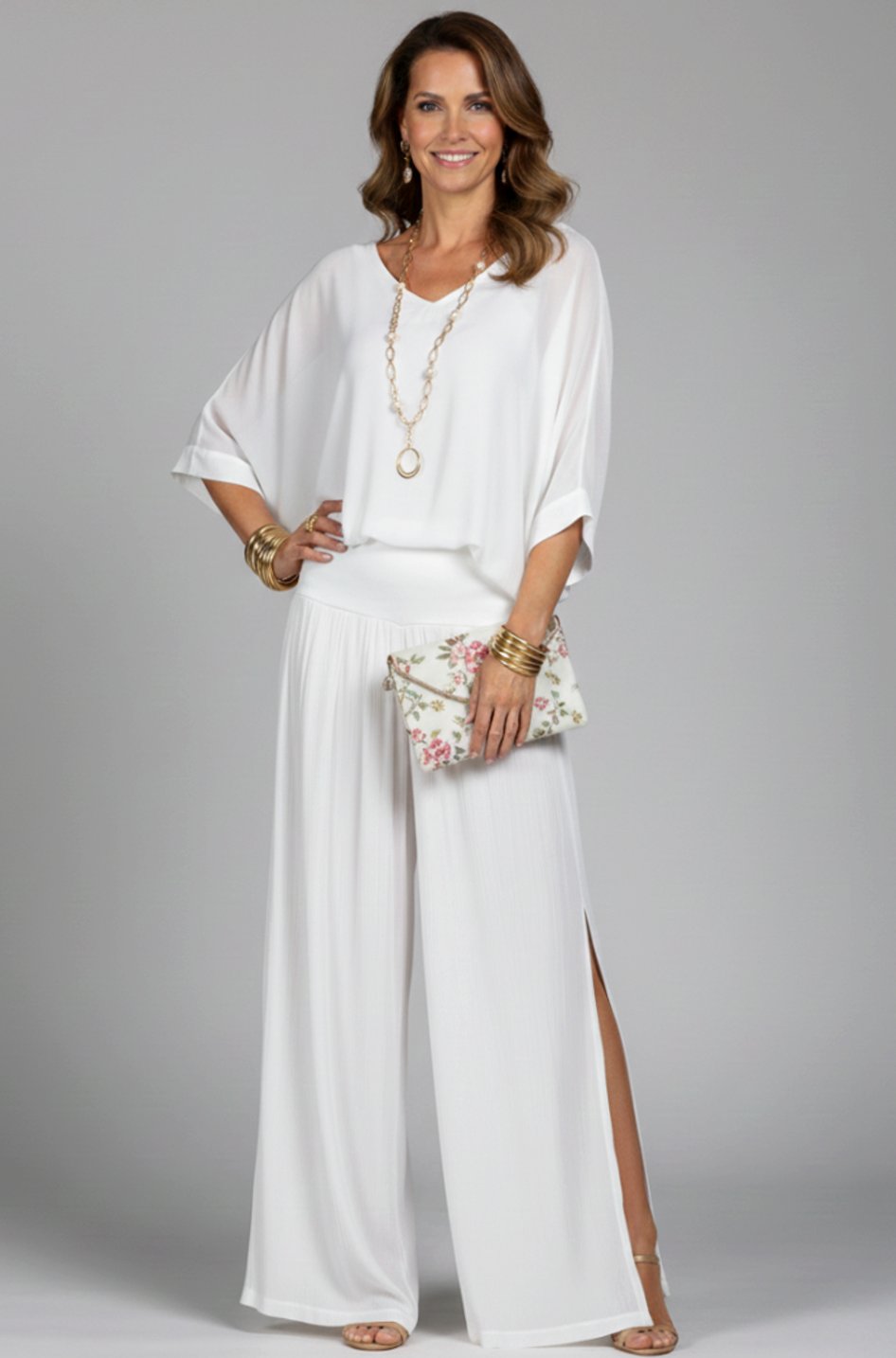 Women's Elegant Wide-Leg Two-Piece Blouson Top Trouser Set - White