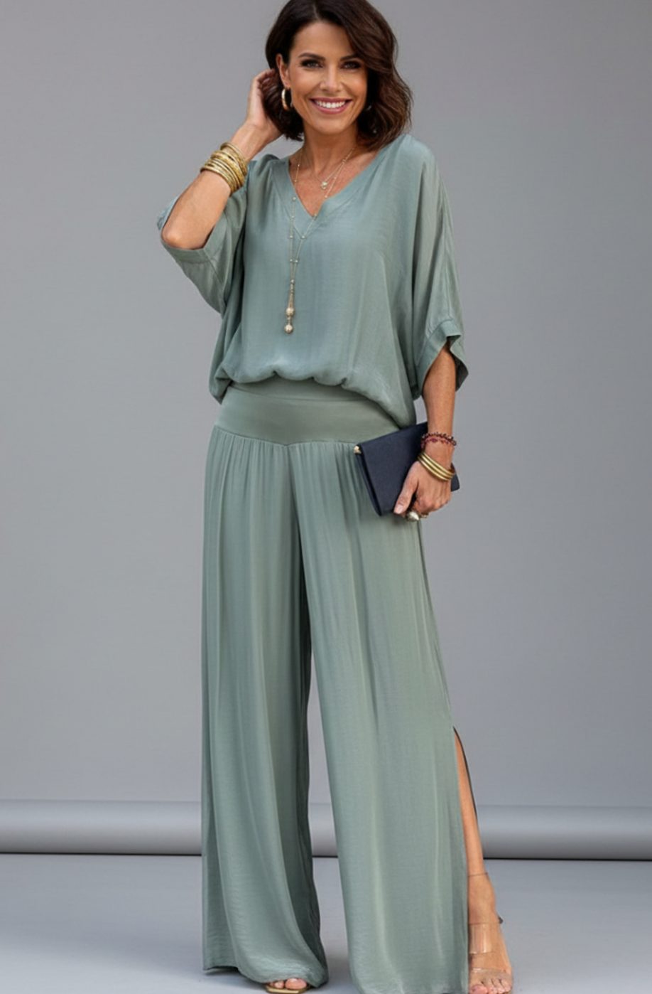 Women's Elegant Wide-Leg Two-Piece Blouson Top Trouser Set - Light Green