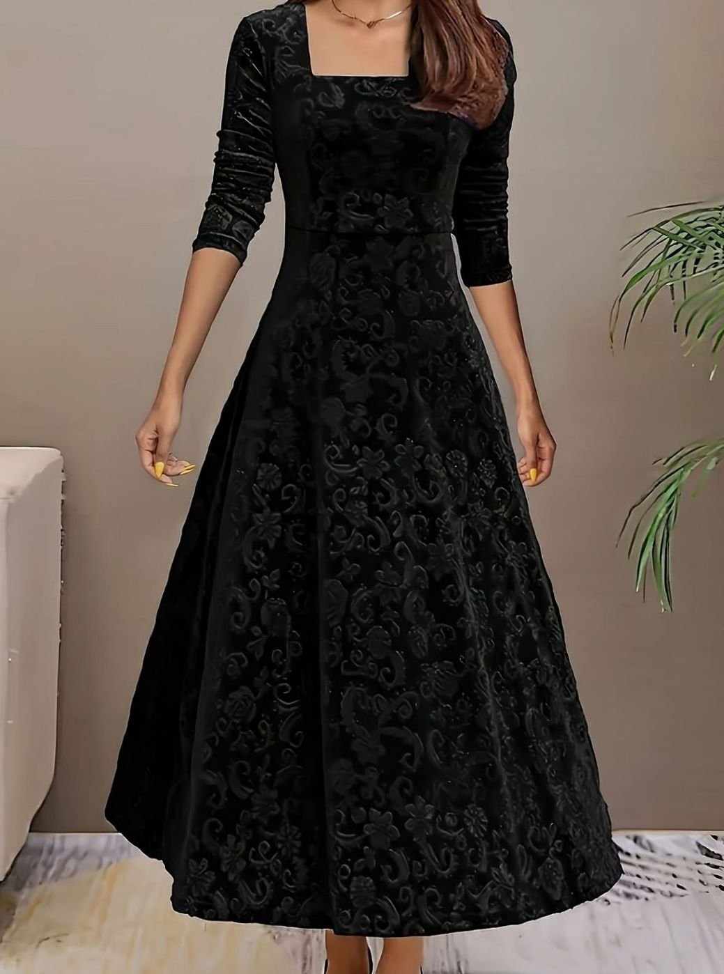 Women's Embossed Velvet A-Line Christmas Party Dress Square Neck - Black
