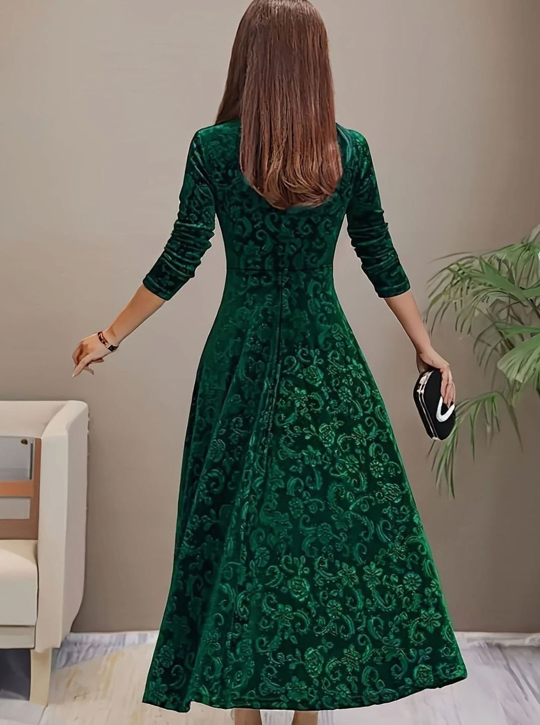 Women's Embossed Velvet A-Line Christmas Party Dress Square Neck