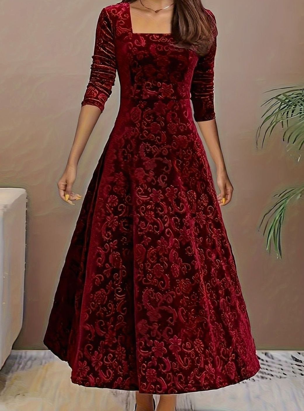 Women's Embossed Velvet A-Line Christmas Party Dress Square Neck - Red