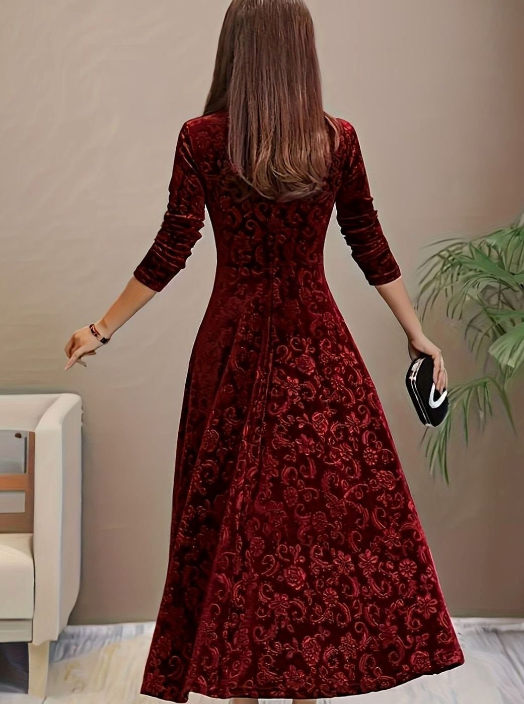 Women's Embossed Velvet A-Line Christmas Party Dress Square Neck