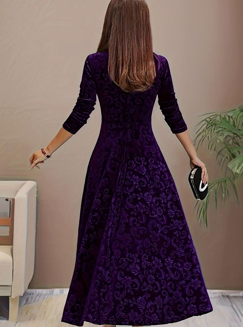 Women's Embossed Velvet A-Line Christmas Party Dress Square Neck