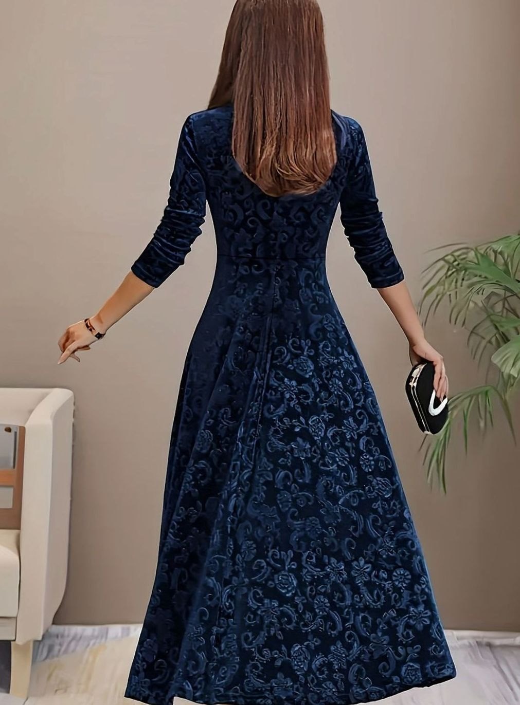 Women's Embossed Velvet A-Line Christmas Party Dress Square Neck