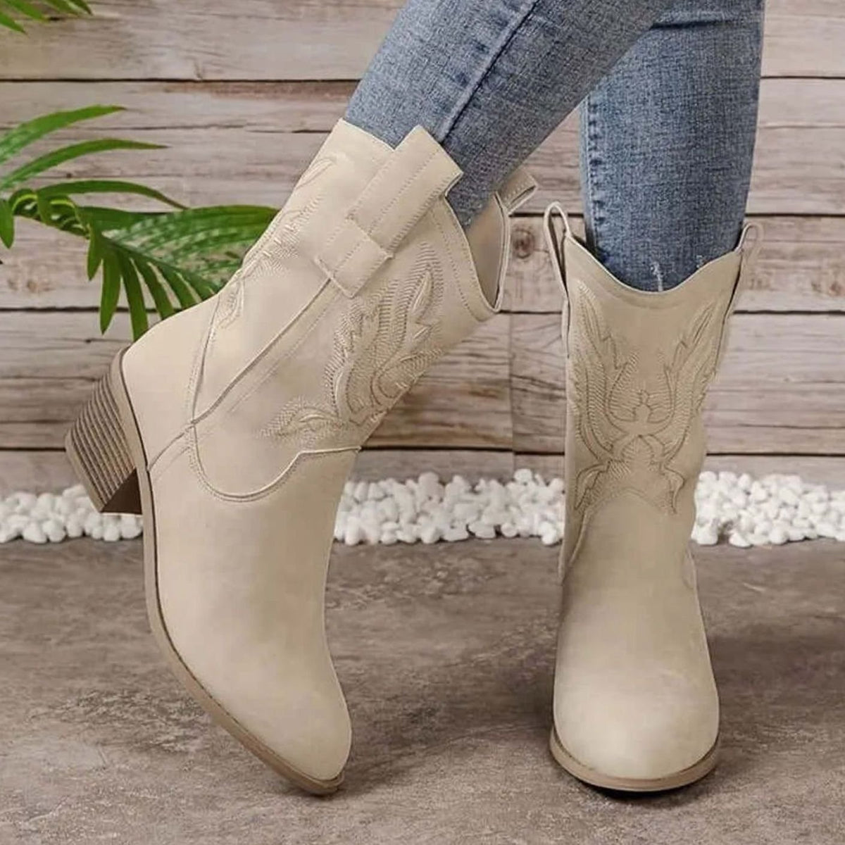 Women's Embroidered Cowboy Boots Mid-Calf Western Block Heel - Beige White