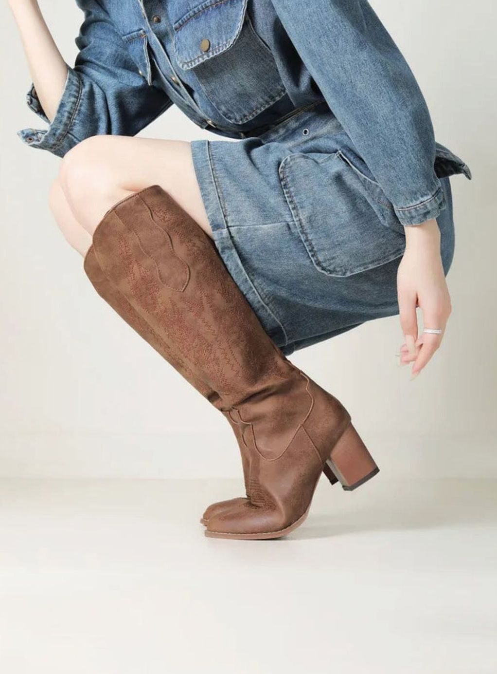 Women's Embroidered Faux Leather Knee High Cowboy Boots
