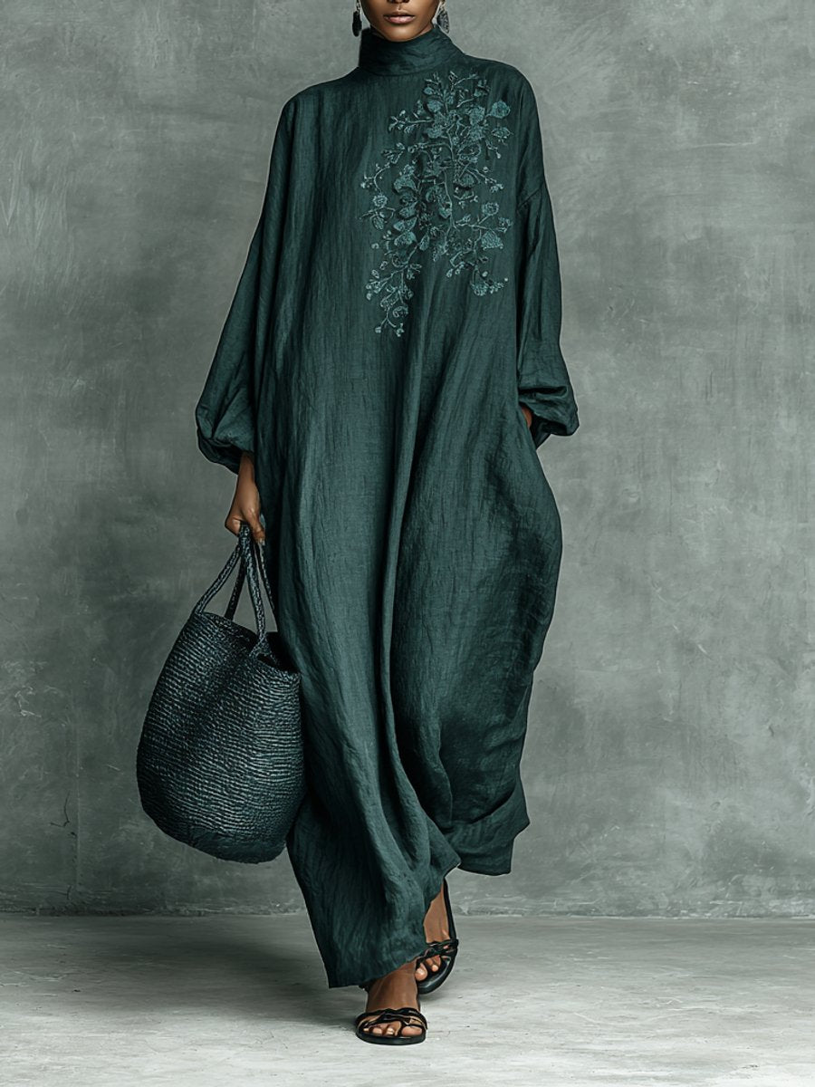 Women's Embroidered High-Neck Linen Maxi Long Sleeve Dress