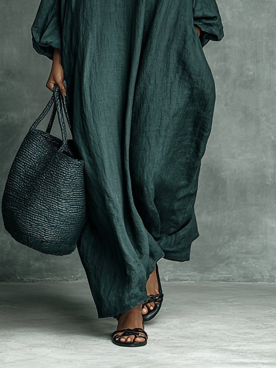 Women's Embroidered High-Neck Linen Maxi Long Sleeve Dress