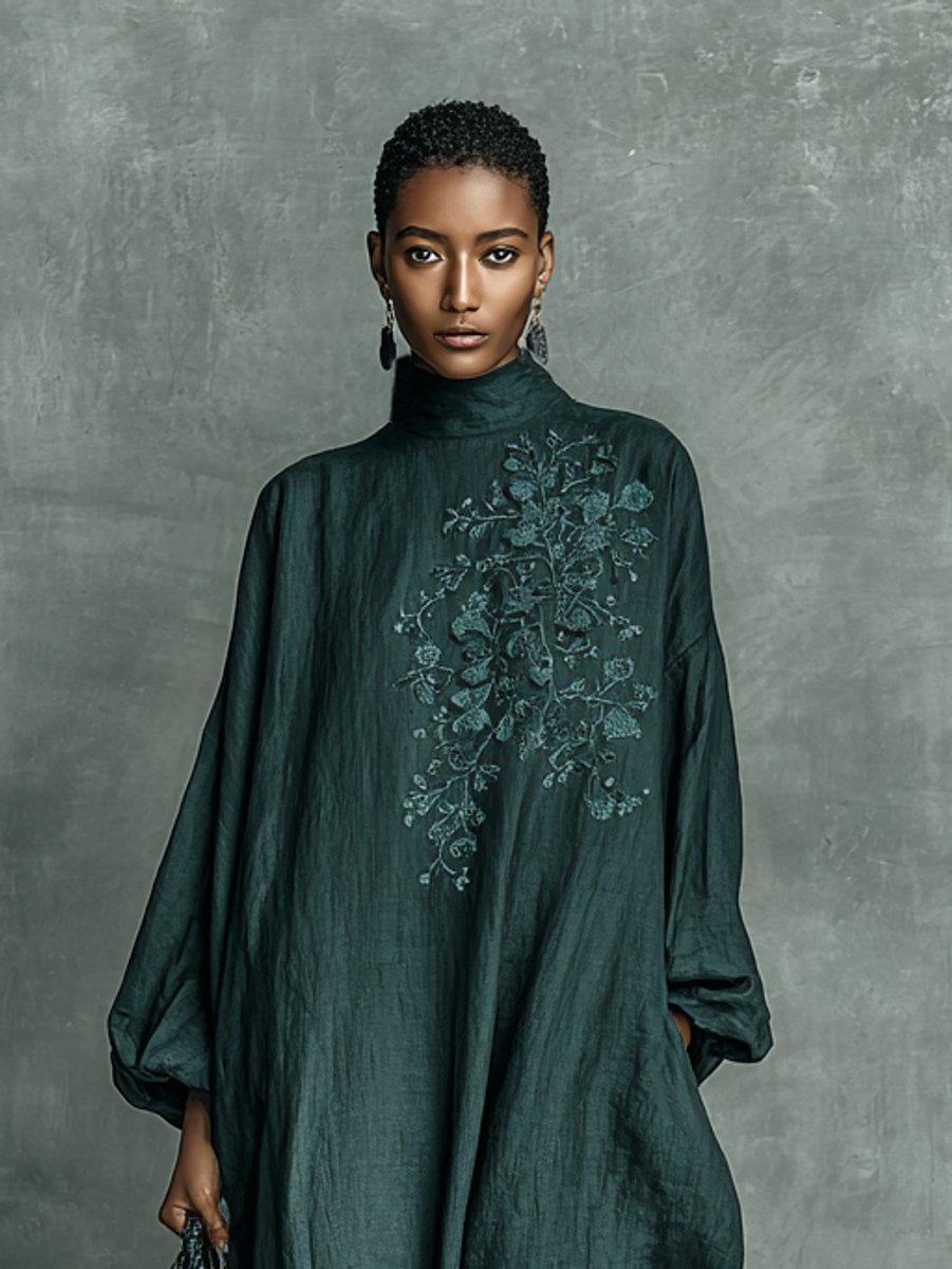 Women's Embroidered High-Neck Linen Maxi Long Sleeve Dress
