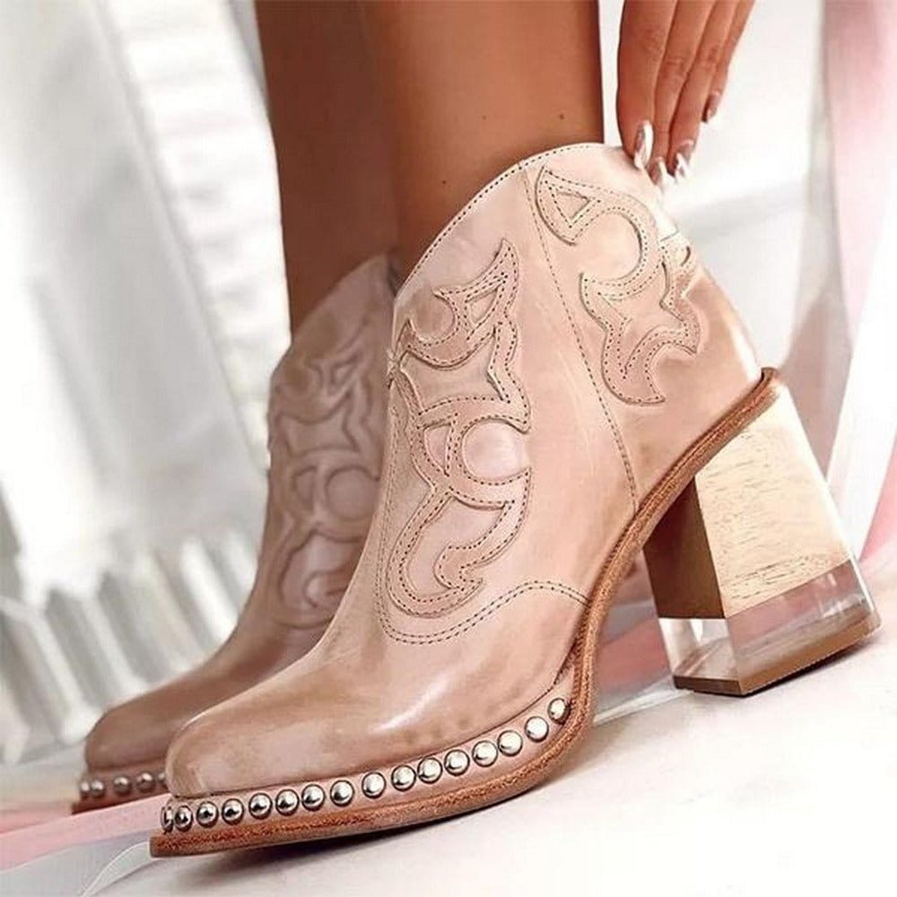 Women's Embroidered Western Cowboy Block-Heel Ankle Boots - Dune Pink