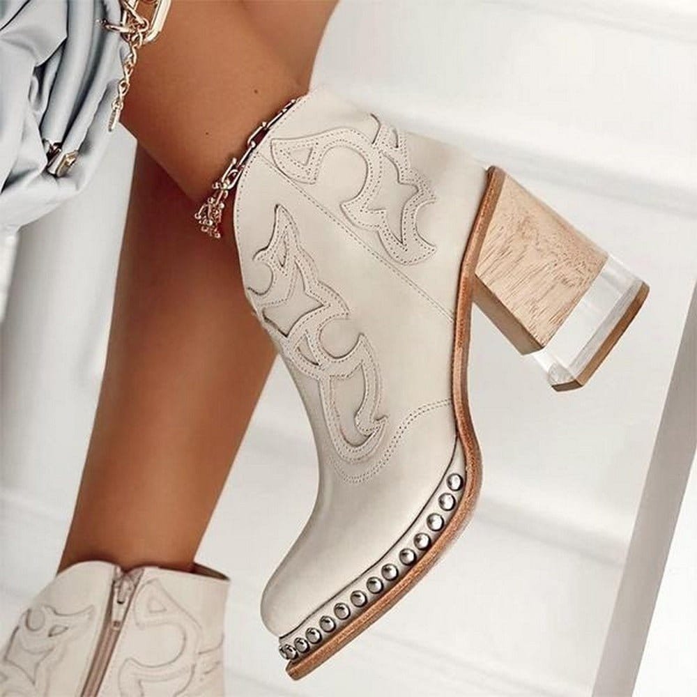 Women's Embroidered Western Cowboy Block-Heel Ankle Boots - Vegas White
