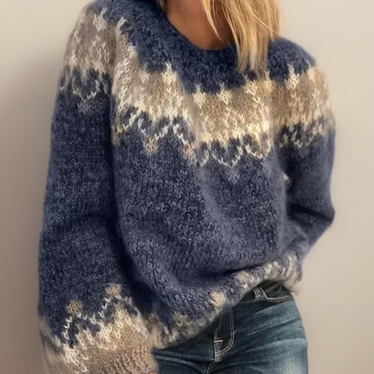 Women's Fair Isle Jacquard Knit Sweater Crew Neck Jumper - Blue