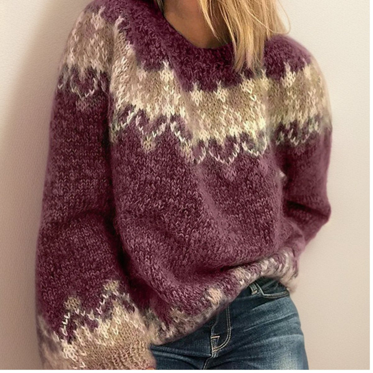 Women's Fair Isle Jacquard Knit Sweater Crew Neck Jumper - Red