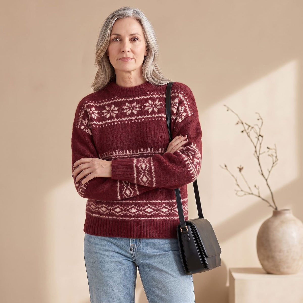 Women's Fair Isle Jumper Relaxed-Fit Long-Sleeve Crew Neck Knit - Red
