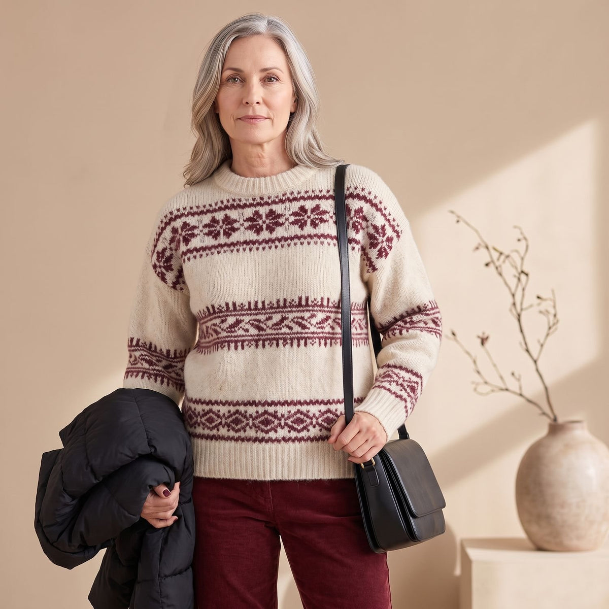 Women's Fair Isle Jumper Relaxed-Fit Long-Sleeve Crew Neck Knit - White