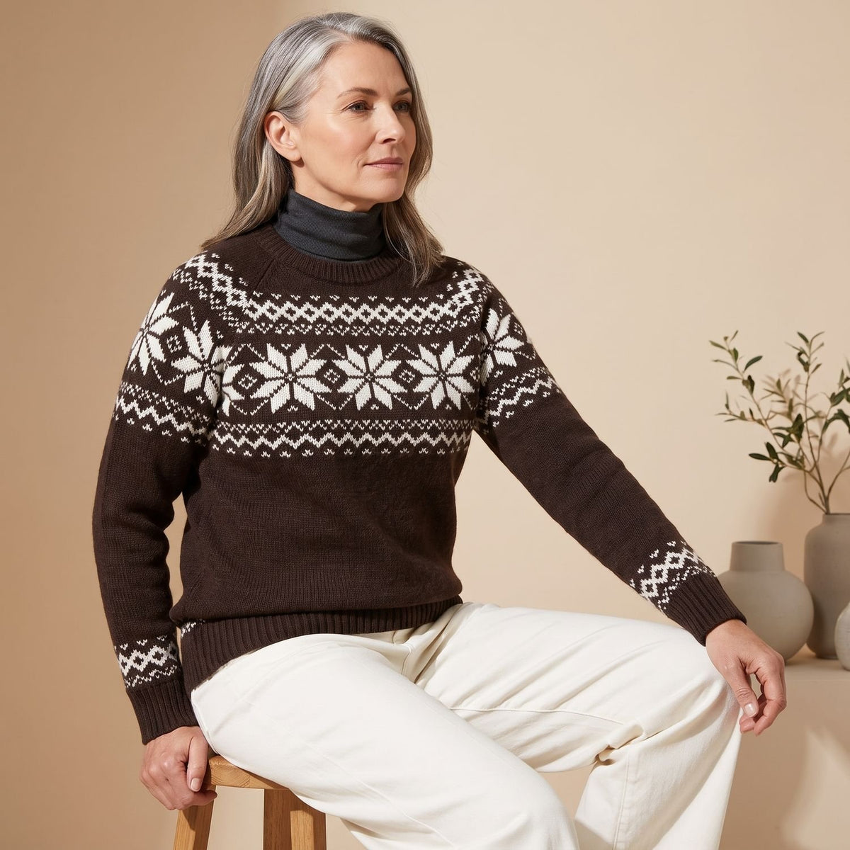 Women's Fair Isle Jumper Relaxed-Fit Long-Sleeve Crew Neck Knit - Coffee