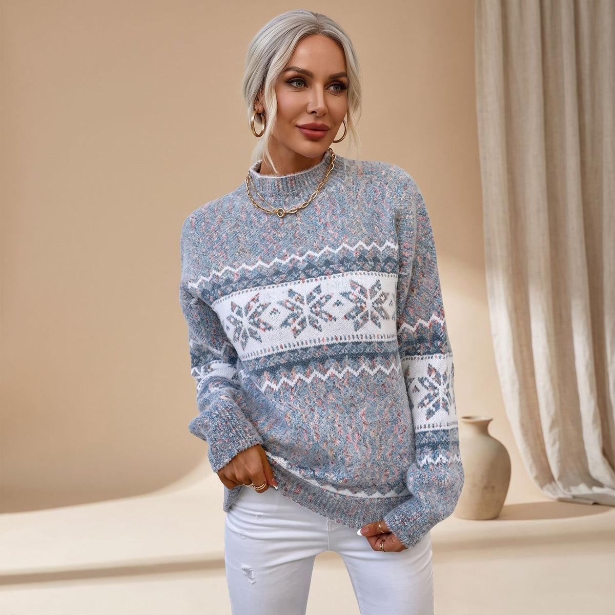 Women's Fair Isle Jumper Snowflake Knitted Pullover - Blue