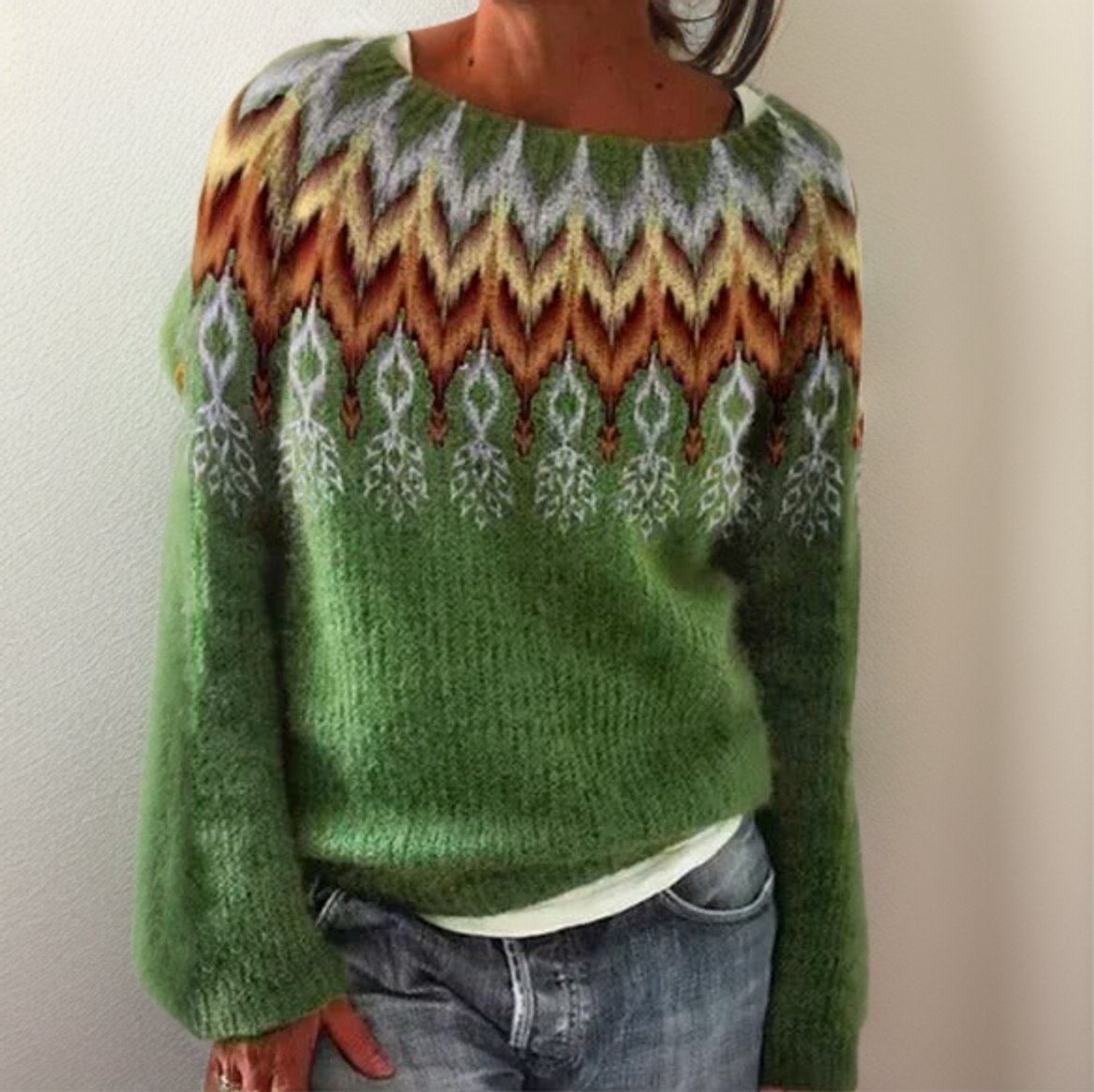 Women's Fair Isle Patterned Knit Sweater Relaxed Pullover Jumper