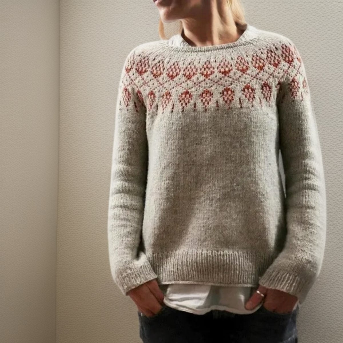 Women's Fair Isle Relaxed-Fit Icelandic Knit Sweater - Grey