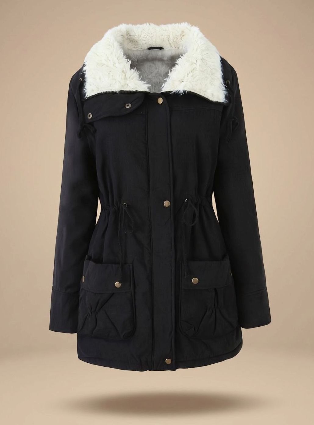 Women's Faux-Fur Collar Drawstring-Waist Insulated Parka Coat - Black