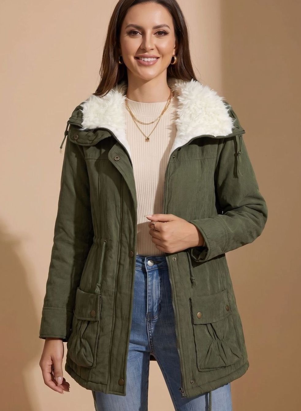 Women's Faux-Fur Collar Drawstring-Waist Insulated Parka Coat - Olive Green