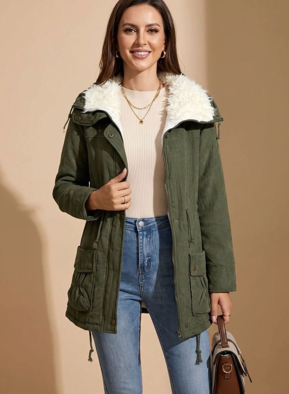 Women's Faux-Fur Collar Drawstring-Waist Insulated Parka Coat