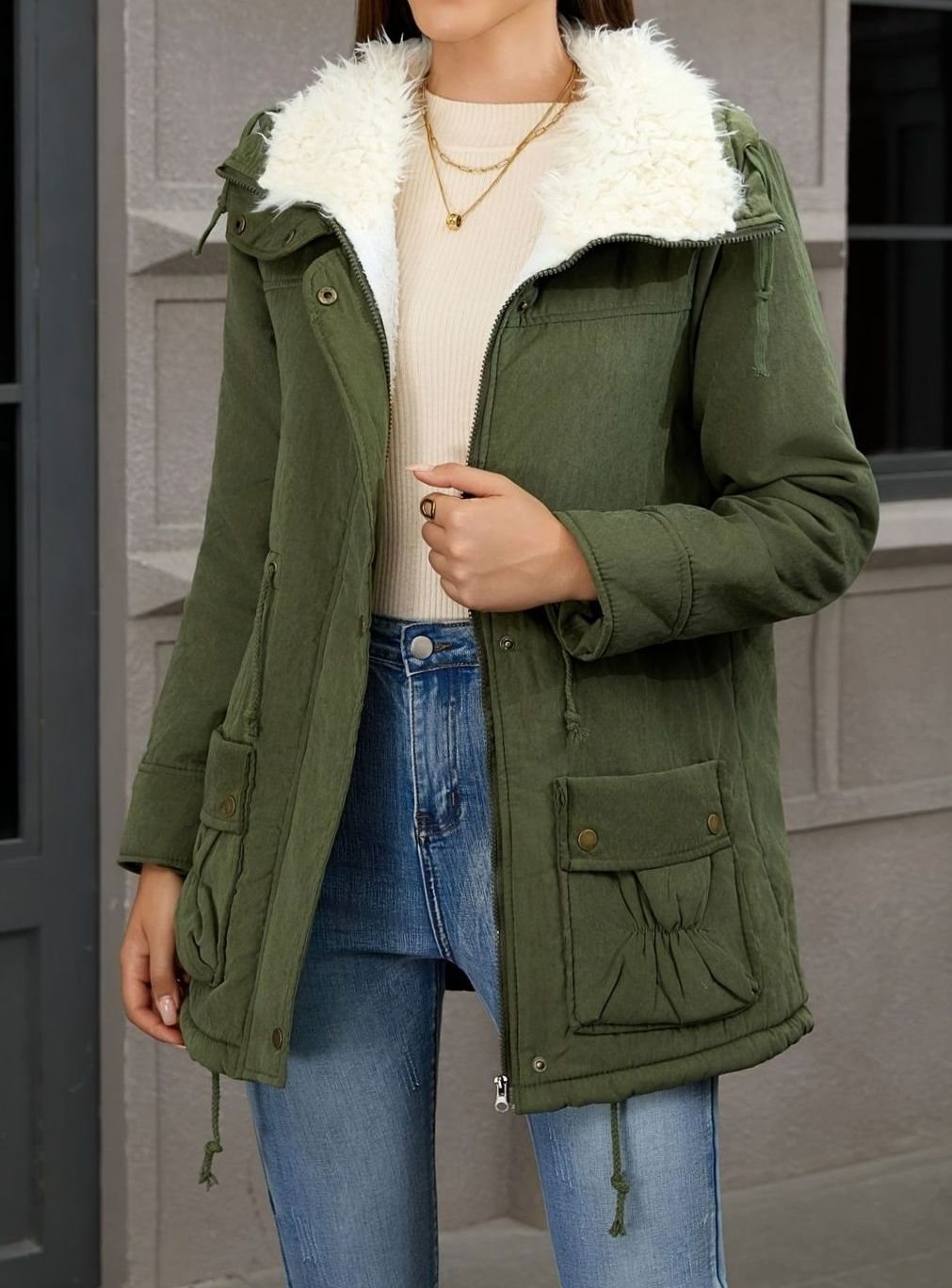 Women's Faux-Fur Collar Drawstring-Waist Winter Parka