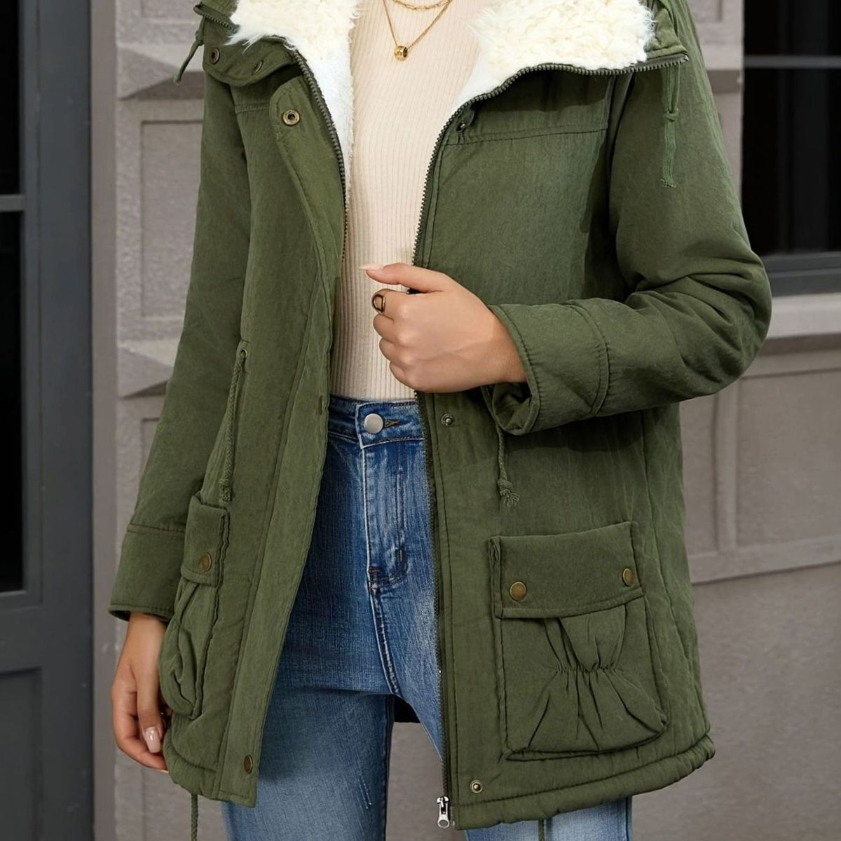 Women's Faux-Fur Collar Drawstring-Waist Winter Parka - Olive Green