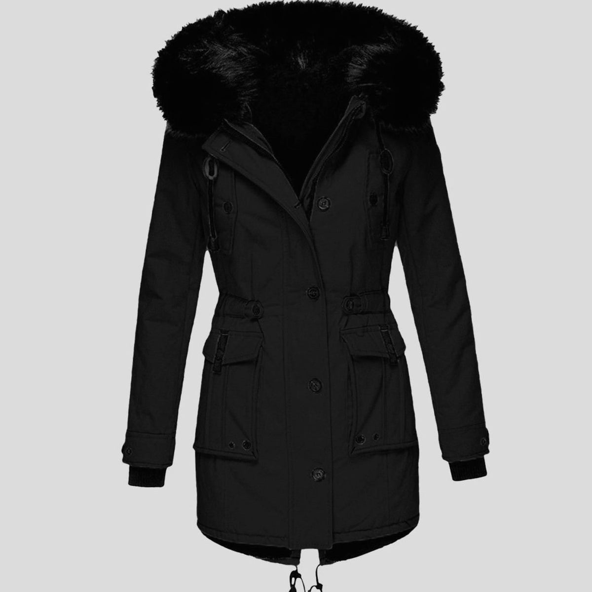 Women's Faux Fur Hooded Fleece-Lined Winter Parka - Black