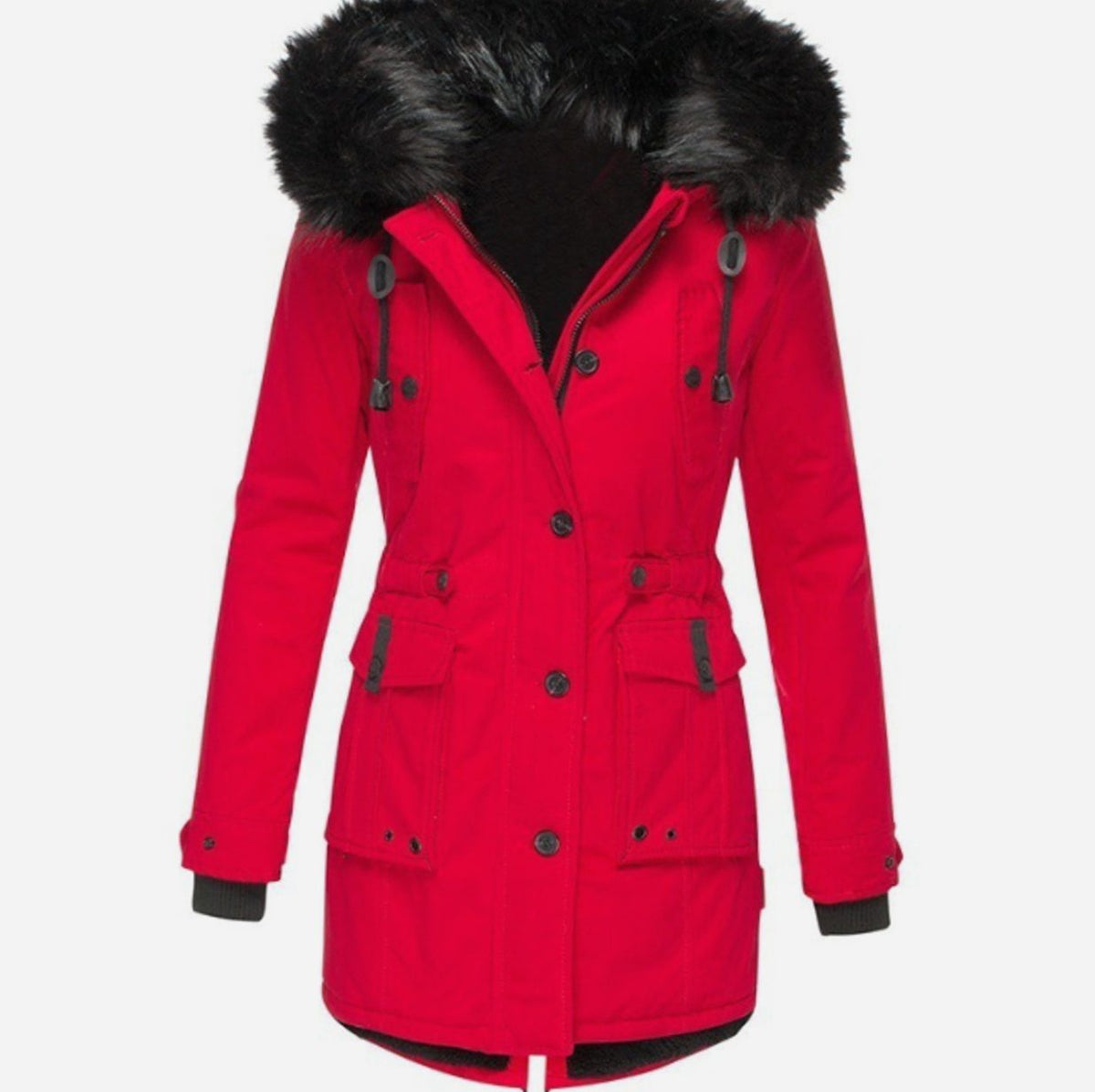Women's Faux Fur Hooded Fleece-Lined Winter Parka - Red