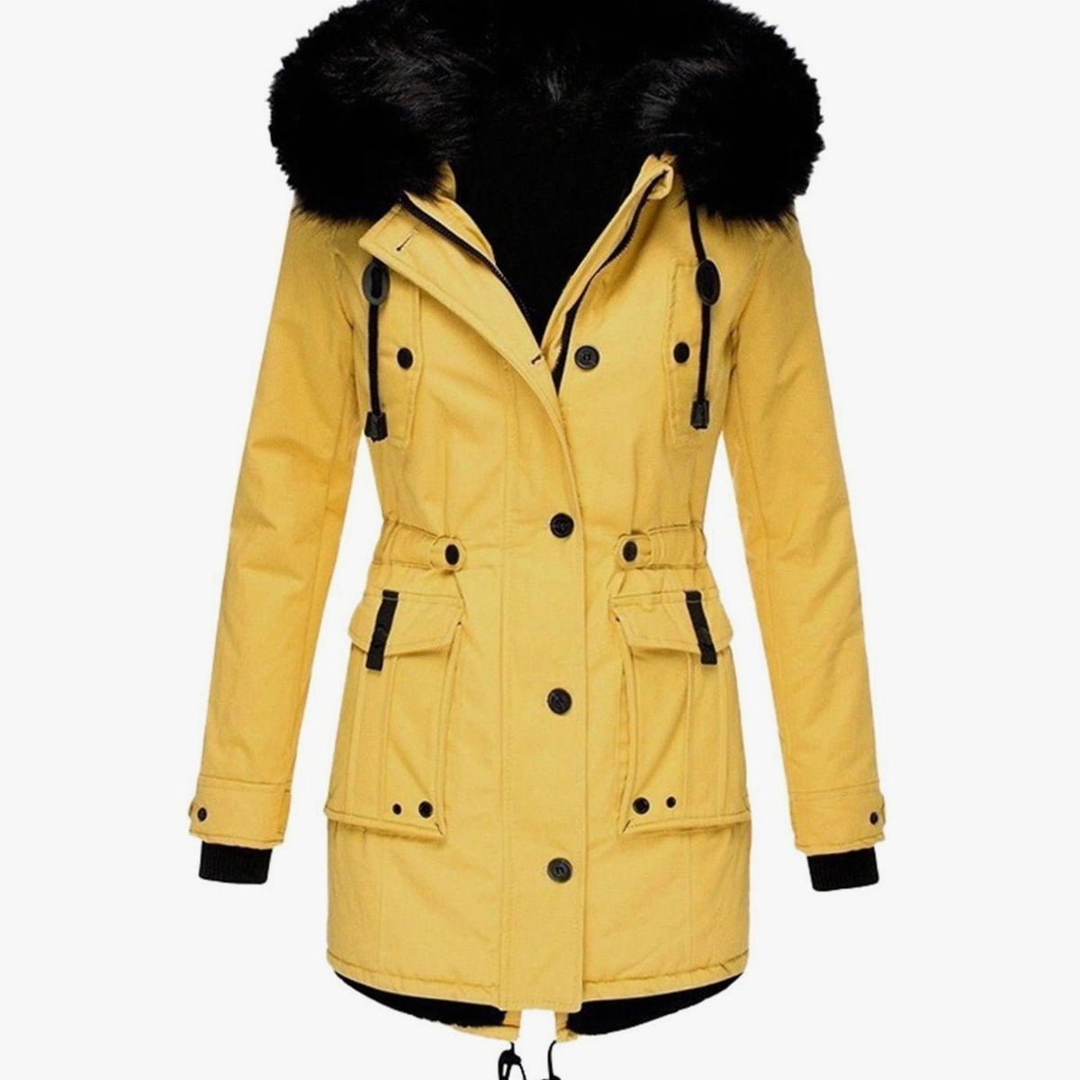 Women's Faux Fur Hooded Fleece-Lined Winter Parka - Yellow