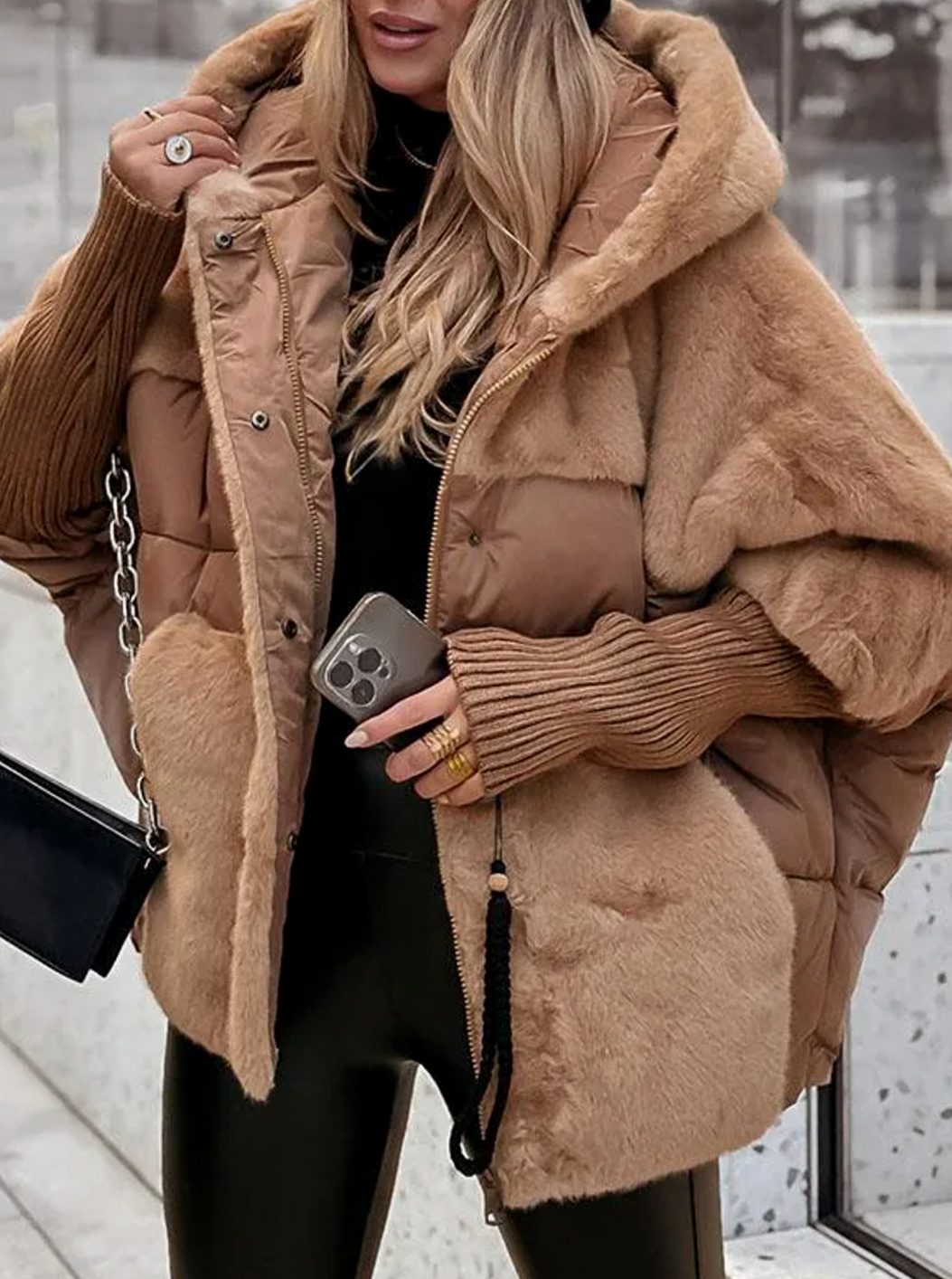 Women's Faux Fur Hooded Quilted Short Puffer Jacket - Brown