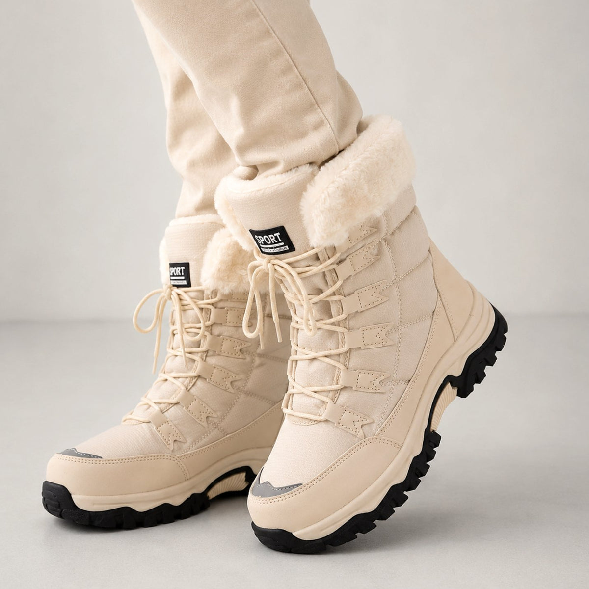 Women's Faux Fur Lined Lace-Up Mid-Calf Snow Boots - Beige