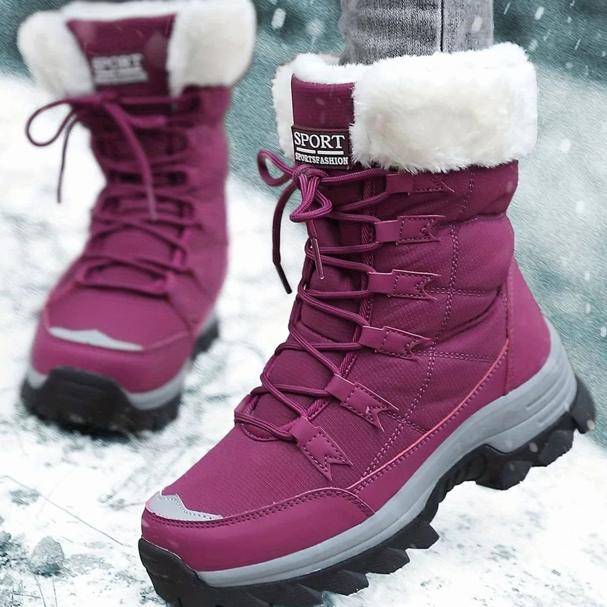 Women's Faux Fur Lined Lace-Up Mid-Calf Snow Boots - Purple