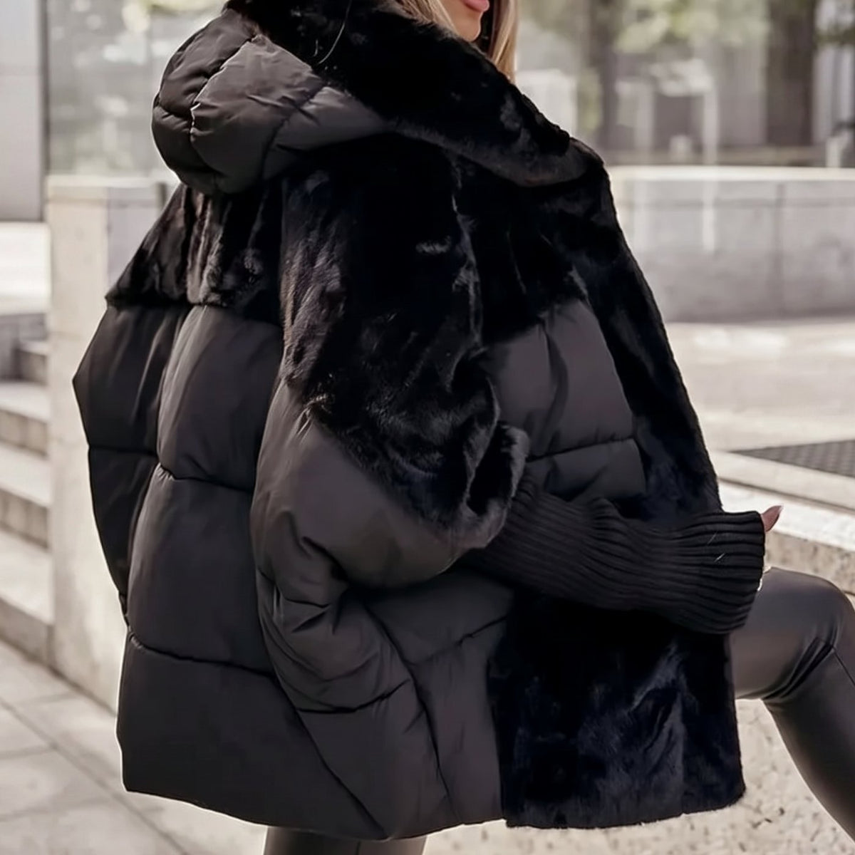 Women's Faux Fur Quilted Plush Hooded Coat - Black