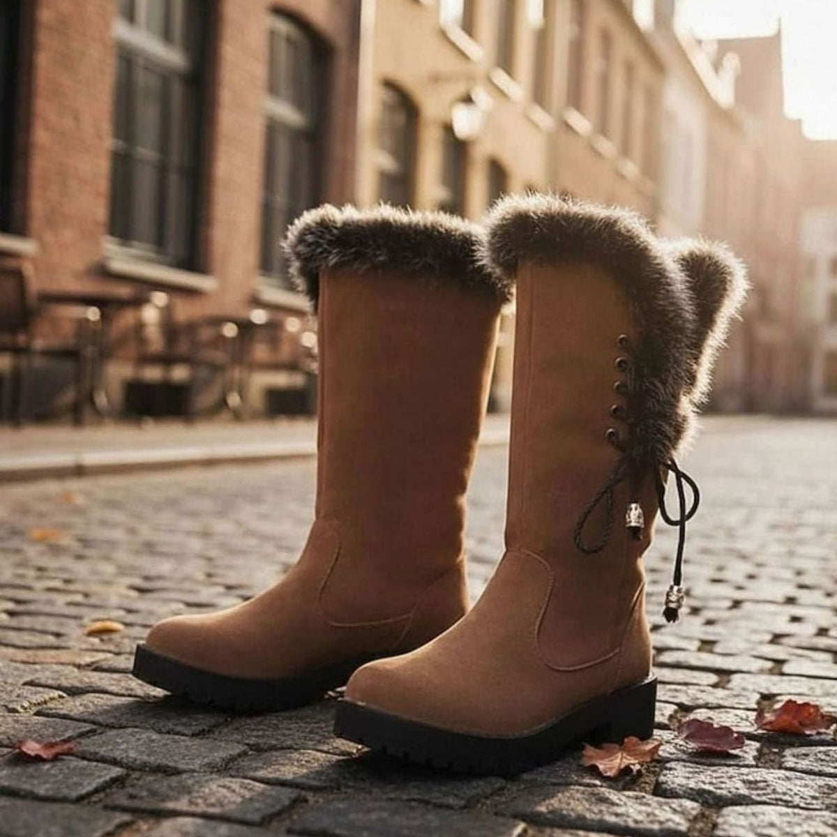Women's Faux-Fur Trim Knee-High Suede Snow Boots Low Block Heel
