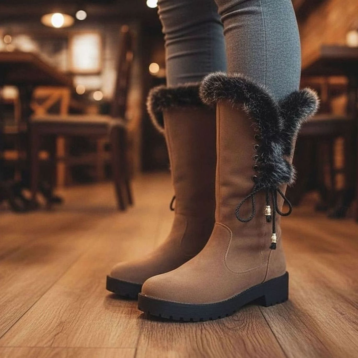 Women's Faux-Fur Trim Knee-High Suede Snow Boots Low Block Heel