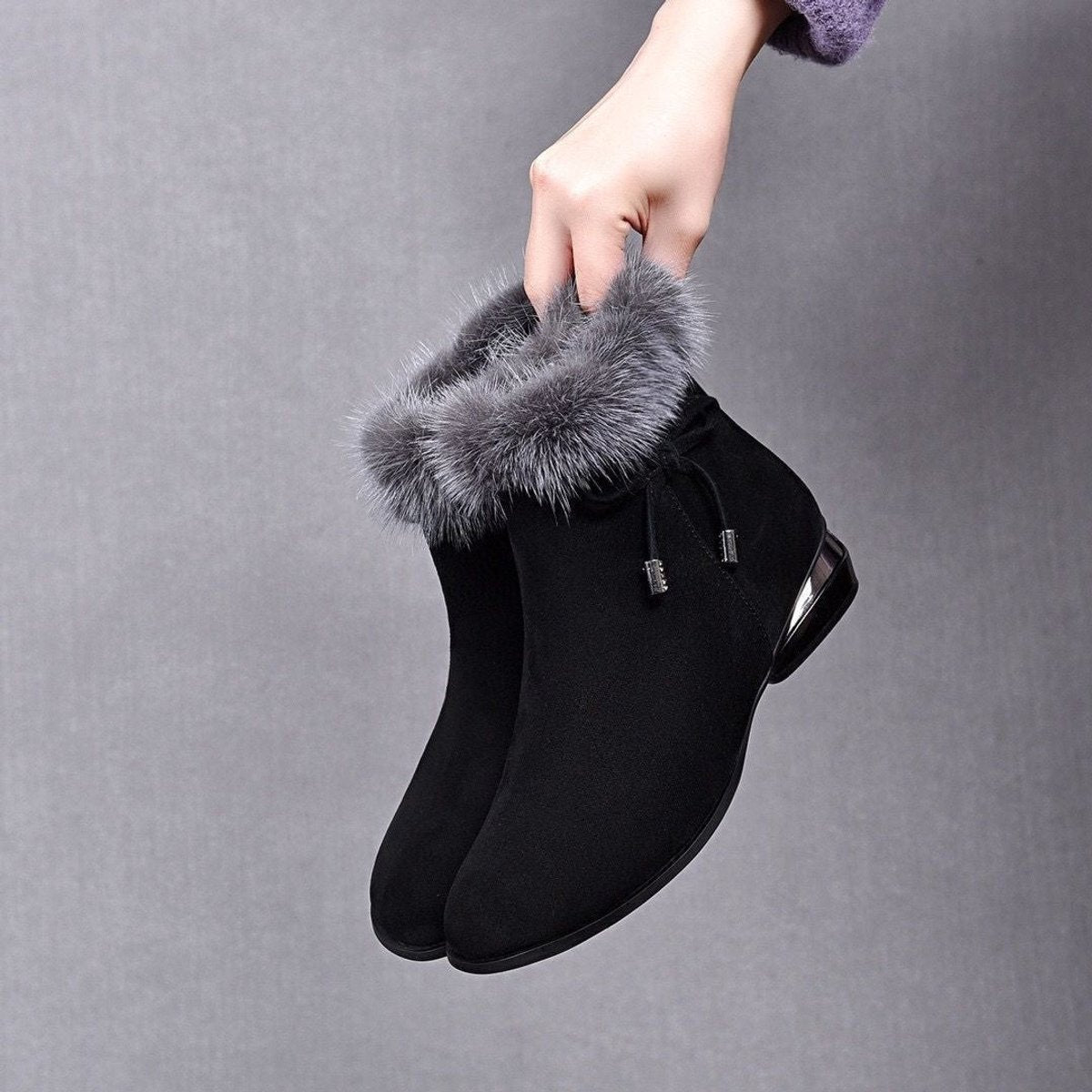 Women's Faux Fur-Trim Suede Flat Winter Ankle Boots