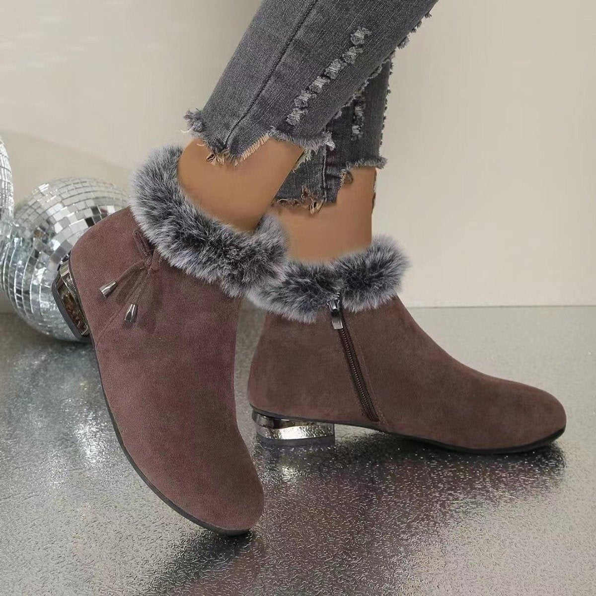 Women's Faux Fur-Trim Suede Flat Winter Ankle Boots