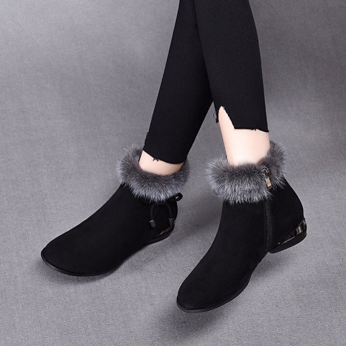 Women's Faux Fur-Trim Suede Flat Winter Ankle Boots